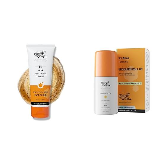 Chemist At Play Gentle Exfoliating Face Scrub with Mandelic Acid & Walnuts for Women & Men | 100ml UnderArm Roll-On Deodorant with 5% AHA| 40ml