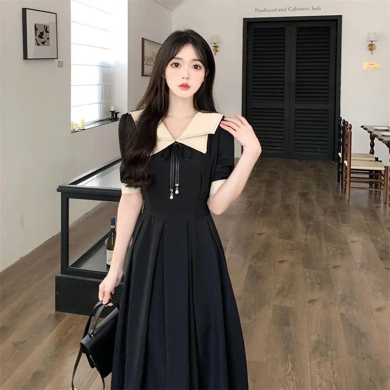 2026 summer double-layer naval collar academy style short-sleeved long dress children large size fat student age-reducing dress