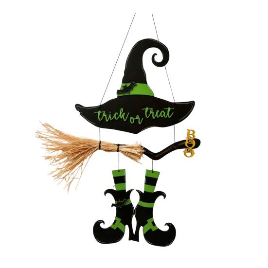 Hanging Wall Decor Halloween Witch Hat Boot Sign, Trick or Treat Decoration Or Sign for Home Room, Wooden Front Door Hanger Holiday Party,