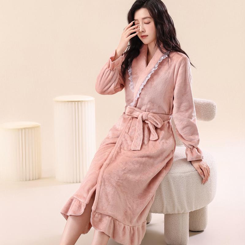 Damen Flanell Bademantel in Übergröße - Warm, Sexy, Mittellang, Homewear für Herbst & Winter