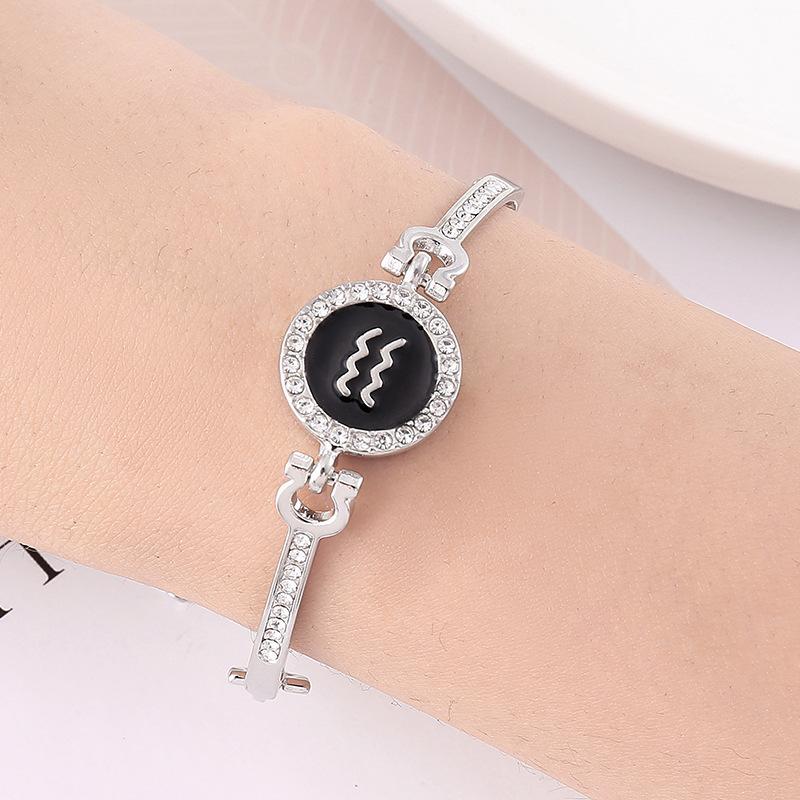 12 Zodiac Signs Bracelet for Women, Rose Gold Plated Inlaid Diamond Constellation Bangle, Fashion Couple Jewelry Gift