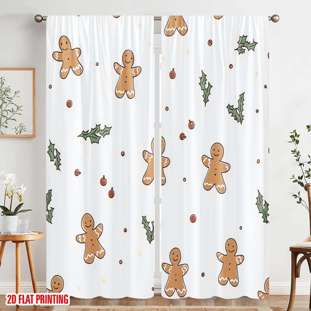 2pcs,2D Plane Printing Contemporary Curtains Gingerbread Christmas Holly Cute (3) Polyester Easy Install (without Rod)