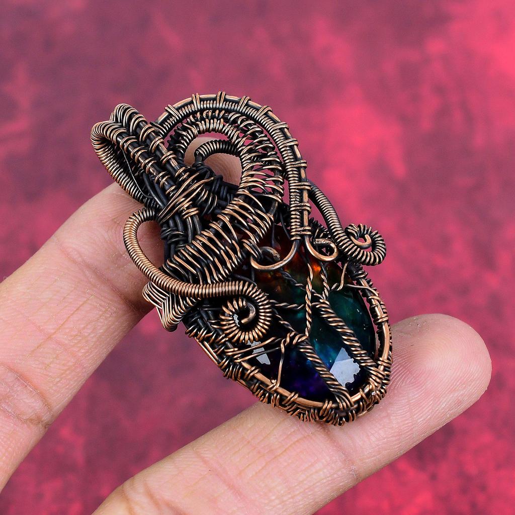 Tree of life faceted ammolite pendant copper wire wrapped pendant gemstone pendant copper wire wrap jewelry gifts for mom handmade pendant