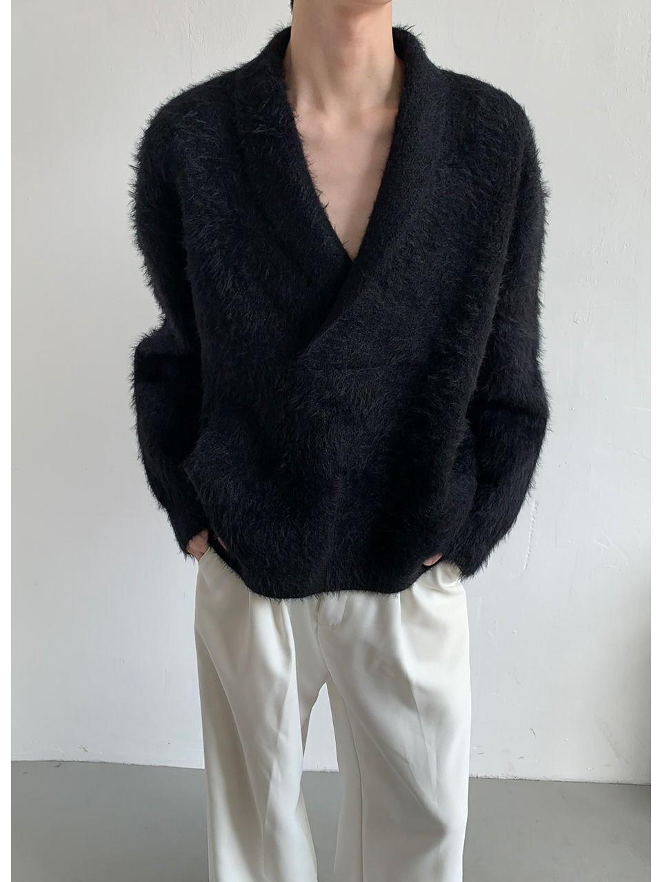 Men s Korean Style V-Neck Drapey Knit Sweater - Autumn Fashion Loose Fit Streetwear XL