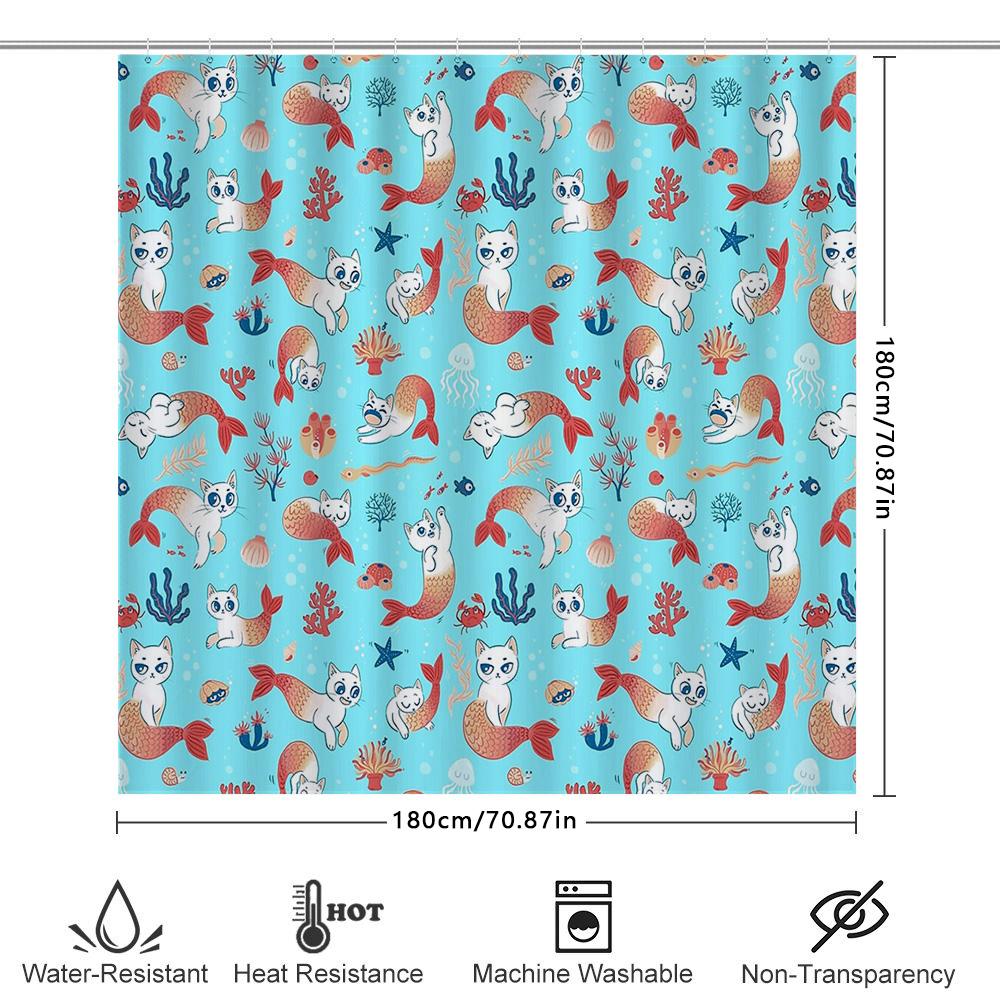 Cute Cat Fish Bathroom Decor Shower Curtain Ocean Marine Sea Animal Pattern Home Waterproof Fabric