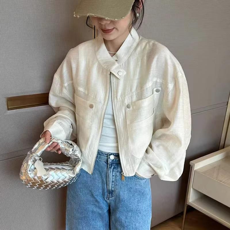 

Женская короткая куртка от солнца - Лето 2025, корейский стиль, воротник-стойка, маленький размер, тонкий дизайн Medium грязно-белый