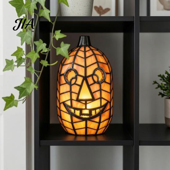 Collectable Artistic Lamp Stained Glass Pumpkin Lamp, Halloween Fall Table with Warm Glow, Decorative Shelf Display USB Powered Resin Orange