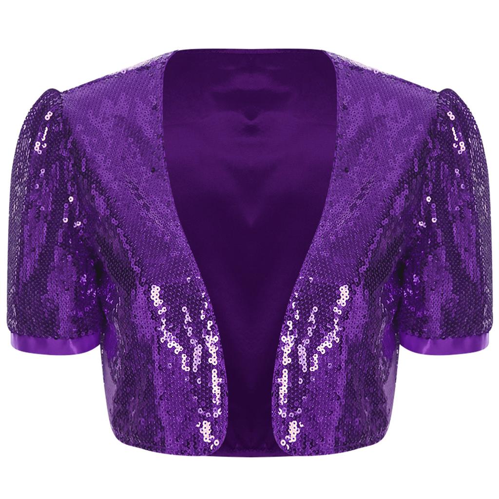 Women Glitter Sequin Cardigan Cropped Jacket Short Sleeve Open Front Fully Lined Stylish Club Cover Up