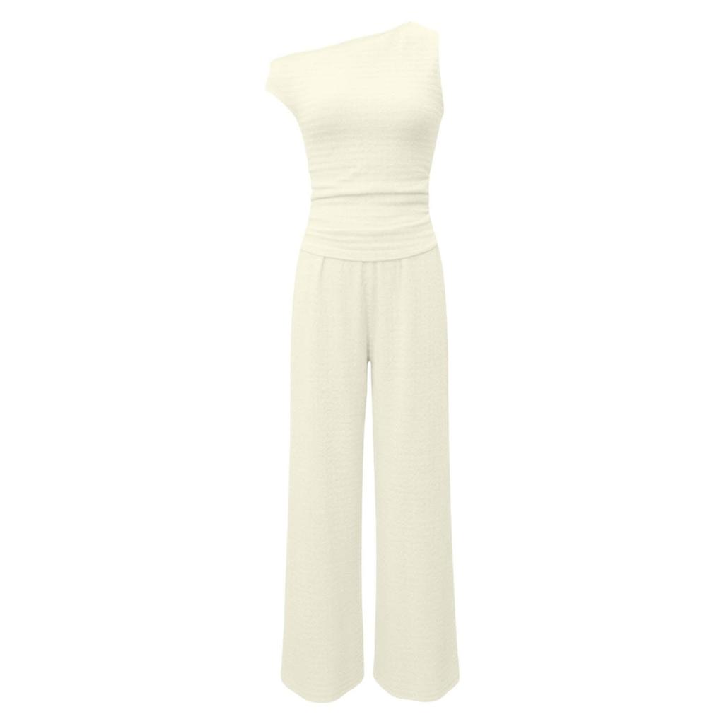 Damen Sommer Zweiteiler Ein Schulter Kurzarm Top Hohe Taille Weite Hosen Freizeit Outfit