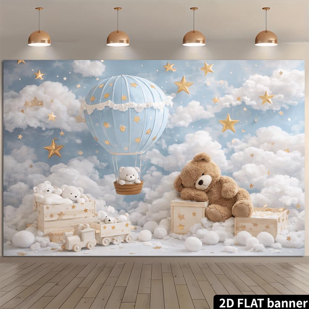 2D Featuring Blue and White Hot Air Balloons Teddy Bears and Trains with a Blue Sky and White Clouds As the Background