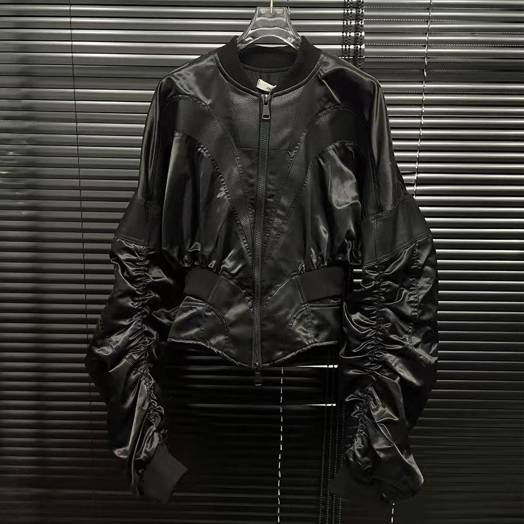 Jarní 2025 Zeštíhlující kožená bunda s řasením v pase