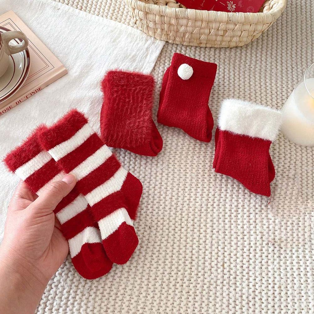5Paits Stripe New Year Red Socks Thicken Warm Toddle Tube Socks Baby Plush Red Socks  Autumn