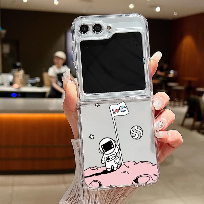 2pcs Astronaut Pattern Folding Shell For Samsung Galaxy Z Flip6 Flip5 Flip4 Flip3 Planet Clear Shockproof Slim Phone Case Cover