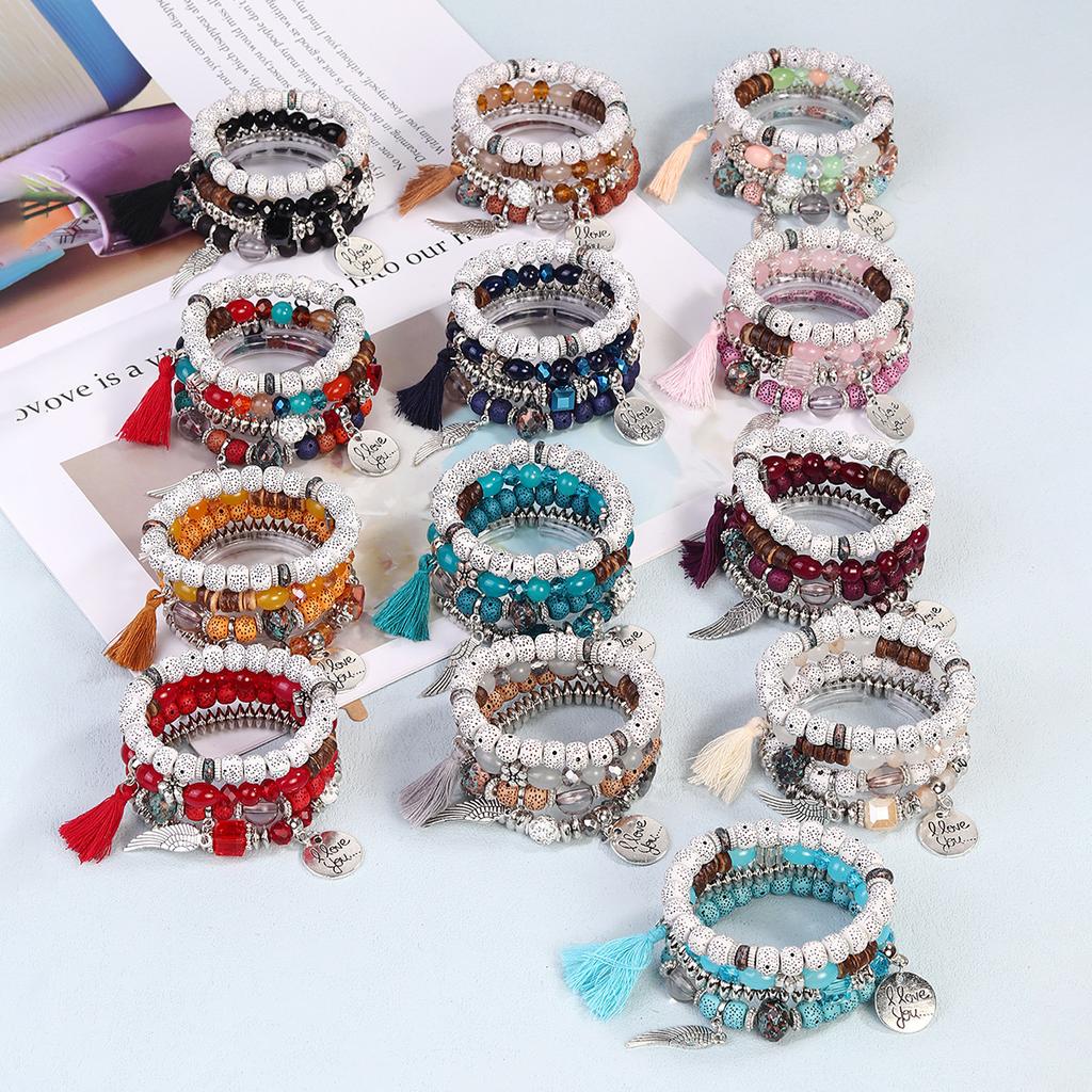 Bohemian Beaded Bracelet Set, Women's Stackable Stretch Bracelets with Tassel & Wing Charm