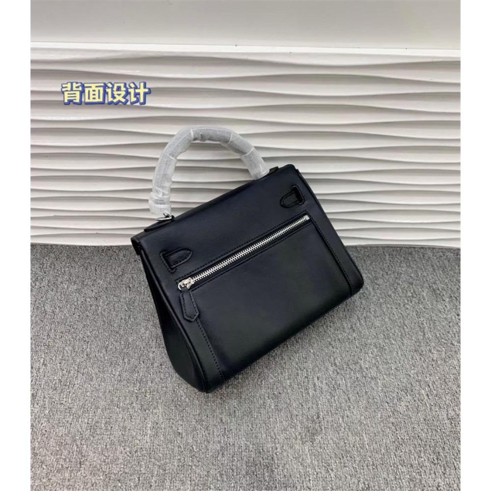 New first-layer cowhide KL bag women's double pocket capacity large handbag commuter shoulder messenger bag