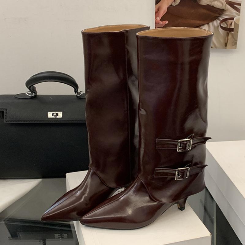 Fashion Liyke Autumn Winter Wine Red Leather Ladies Long Shoes Elegant Pointed Toe Double Belt Buckle Knee High Boots Women Low Heels