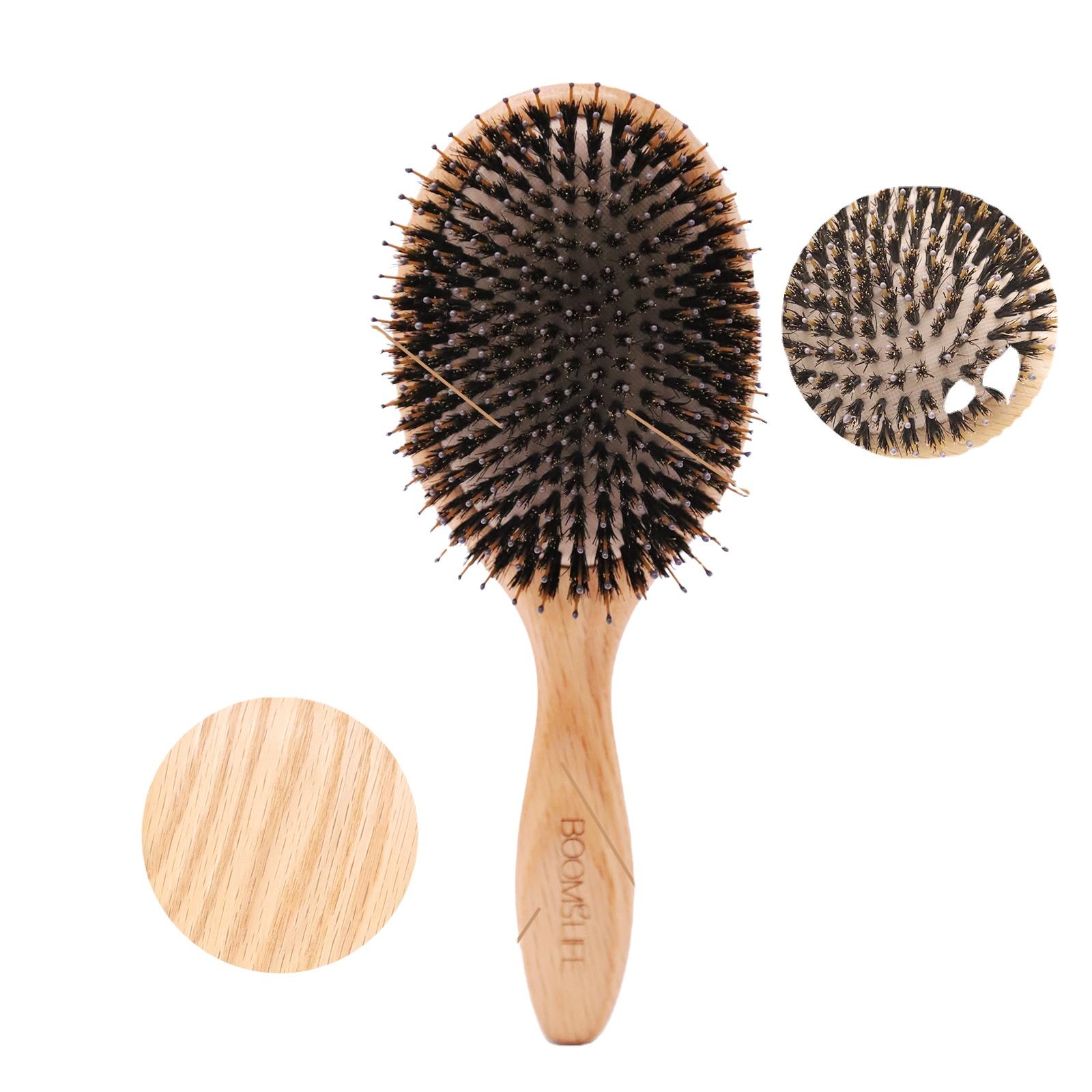 Wooden Paddle Hair Brush with Natural Boar Bristle for Thick Hair Detangle Hairbrush Private Label air Cushion Brush естественный