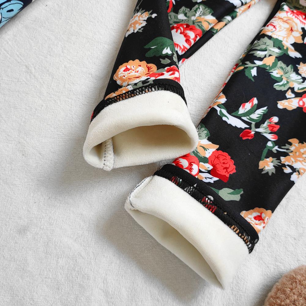 Floral Print Autumn Winter Thickened Warm Kids Pants Baby Girl Velvet Leggings Children's Trouser
