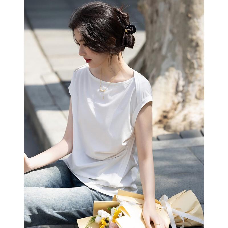 Demanar Damen Atmungsaktives Lyocell Plissee Bootausschnitt T-Shirt