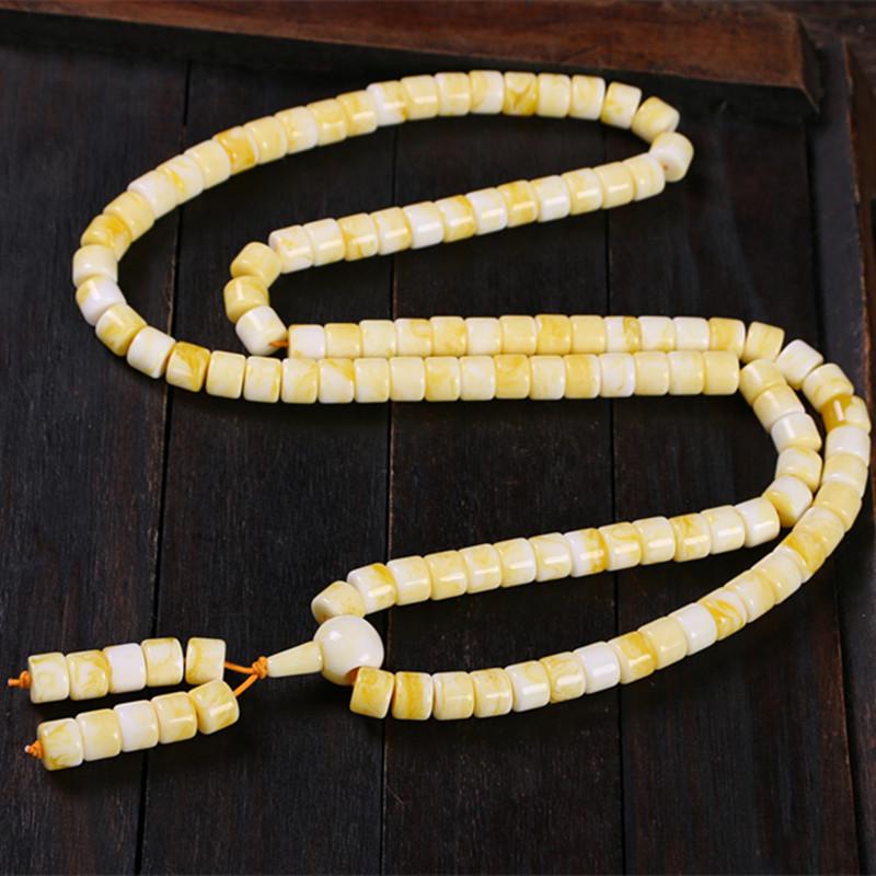 White Beeswax Prayer Beads with 108 Beads: Buddhist Bracelet & Necklace In Honey Amber.