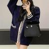 Navy Blue Women's V-neck Pure Cashmere Cardigan Sweater, Autumn/Winter, Loose Striped Design