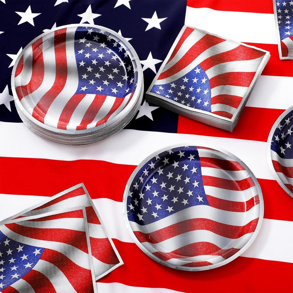 Mumufy 100 Pcs American Flag Patriotic Plates and Napkins 4th of July Party Supplies July 4th Disposable Paper Plates Napkins for Veterans Day