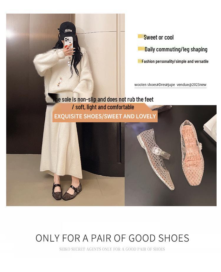 Versatile Breathable Crystal Flat Sandals - Non-Slip Beach Shoes with Fashionable Hollow Design