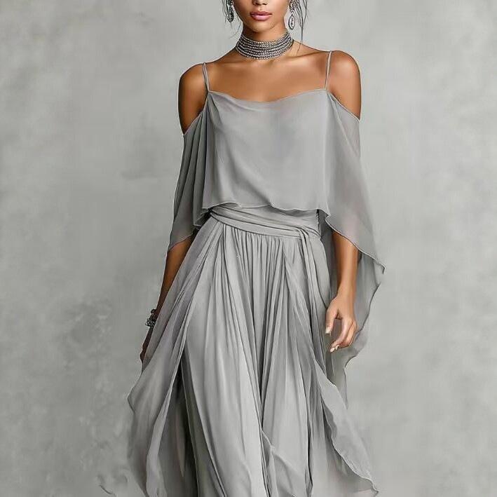 Dames Spaghetti Bandjes Koude Schouders Chiffon Tweedeel Outfit Gerimpelde Top Wijde Pijpen Broek Elegante Vakantie Combinatie Set