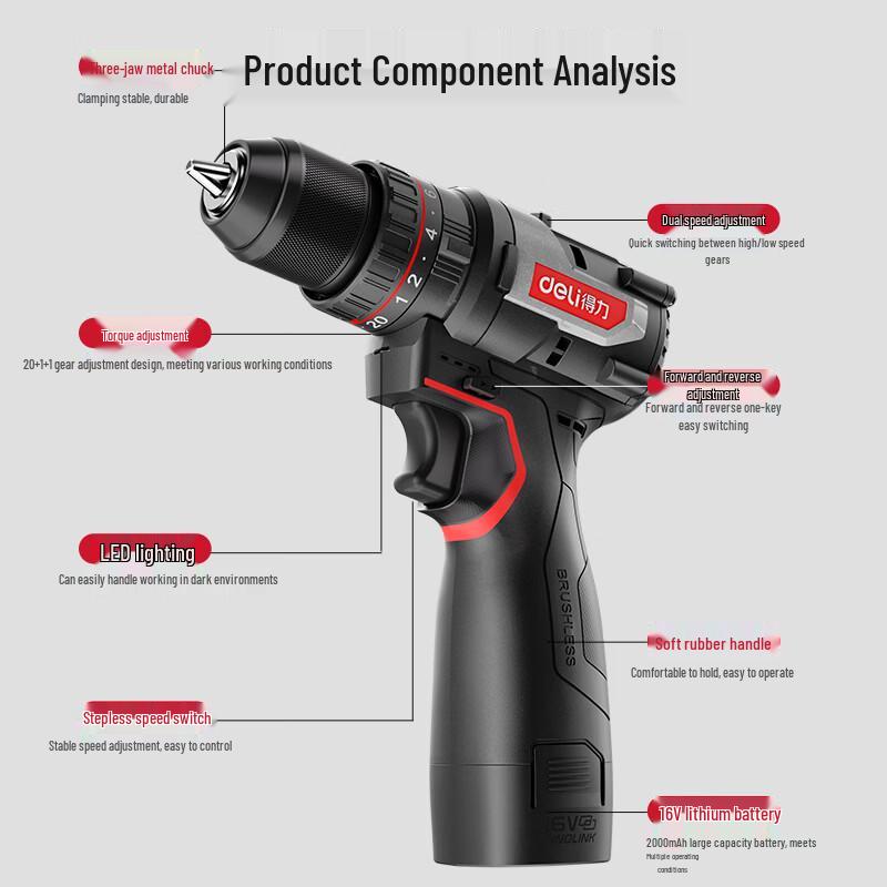 Deli 16V Brushless Cordless Impact Drill Tool Kit CN plug (adapter included)