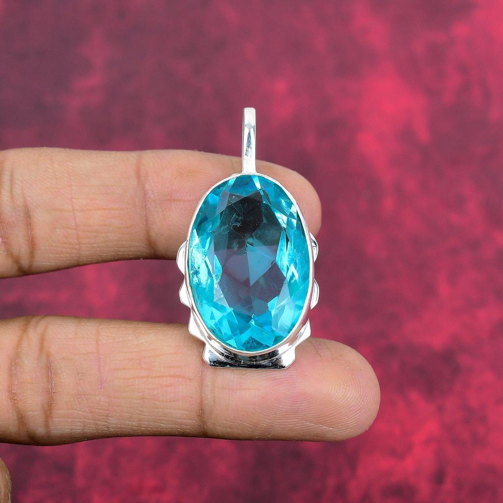 Blue Topaz 925 Solid Sterling Silver Pendant, Handmade Gemstone Pendant Jewelry, Gifts For Wife Brand New Pendant