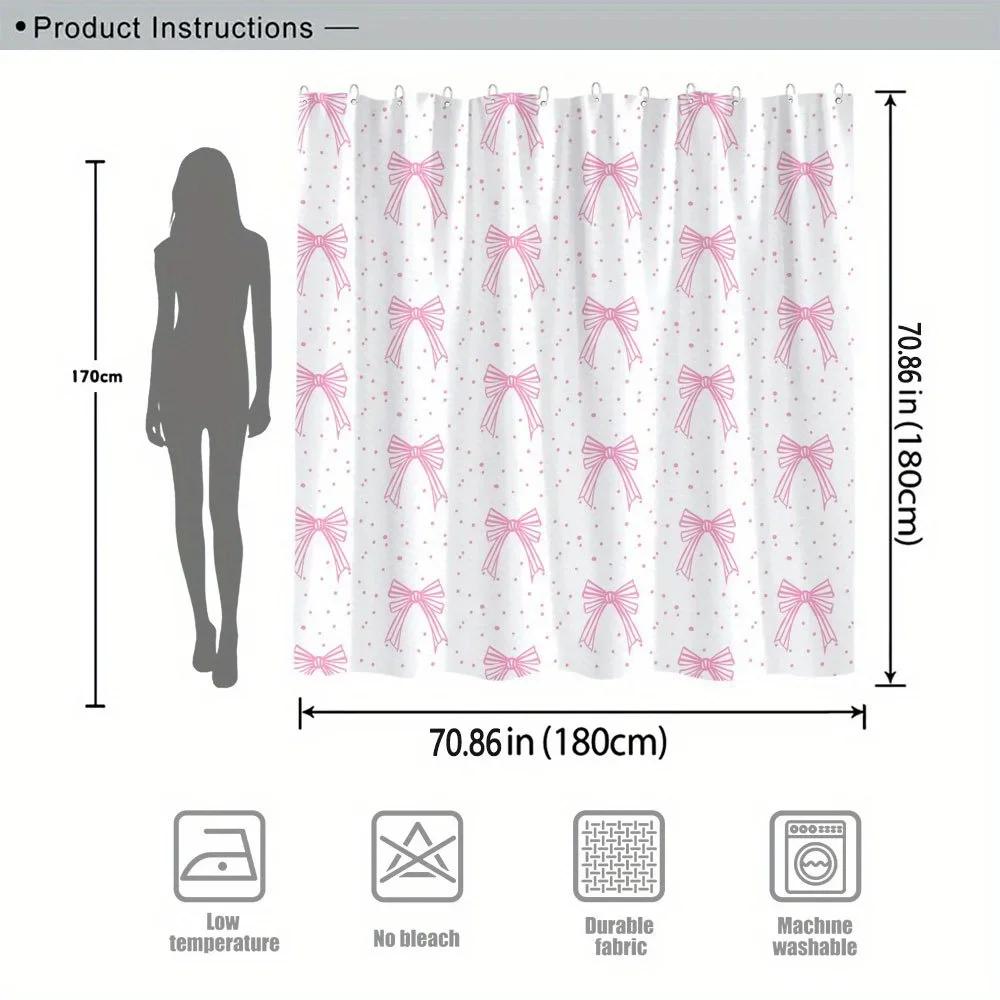 Pink Bows with Dots Shower Curtain - Romantic Whimsical Design, Polyester Fabric,12 Hooks,Fashion Theme Bathroom Decor