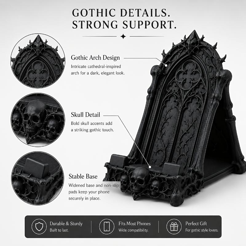Gothic Skull Phone Stand, Dark Gothic-Style Desktop Phone Holder, Featuring Details Of Skulls And Thorns, Decorative Phone Stand