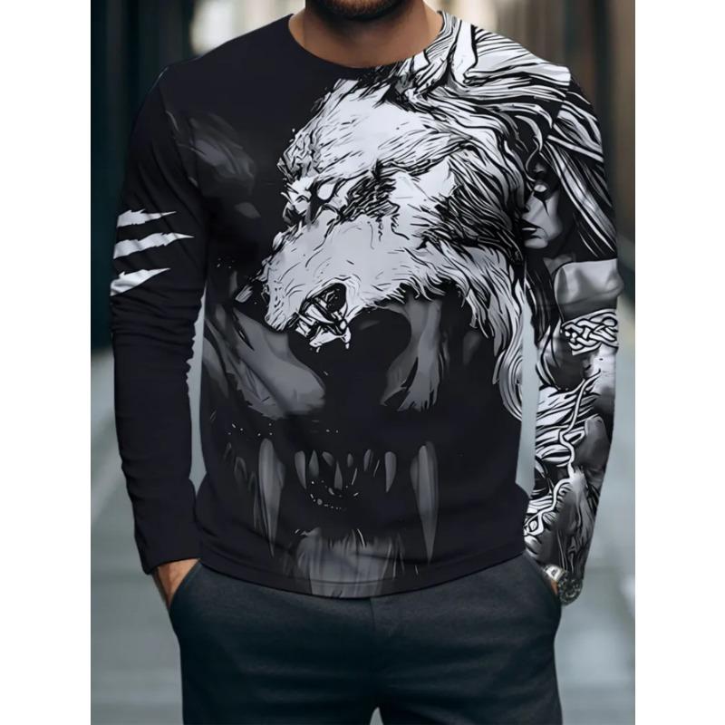 Men's casual daily long-sleeved T-shirt, with fashionable printed design, a comfortable and casual top that can be machine washed
