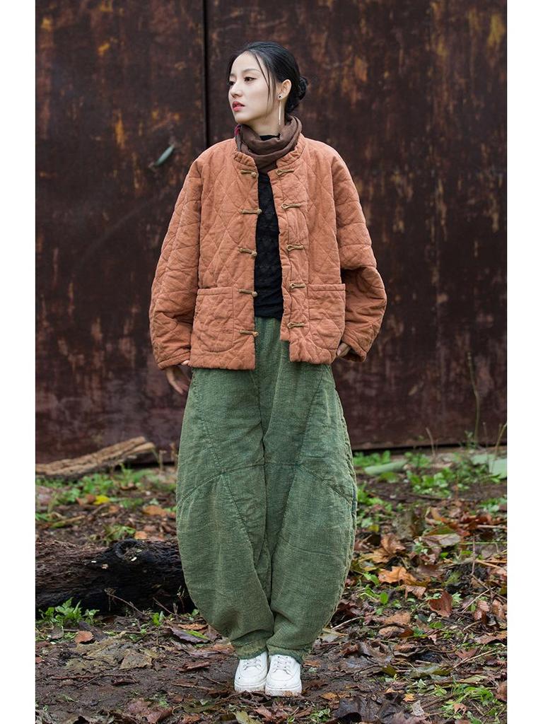 Women's Winter Ramie Quilted Diamond Pattern Cotton Coat with Frog Buttons - Bohemian Style