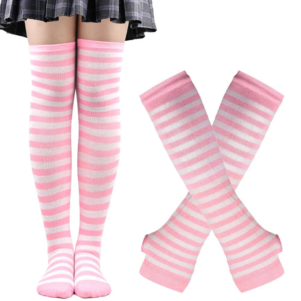 Lange über dem Knie Socken Damen Fäustlinge Armstulpen Handschuhe Set Gestreifte Oberschenkelhohe Strümpfe Damen Mädchen Rosa Schwarz Weiß Lolita