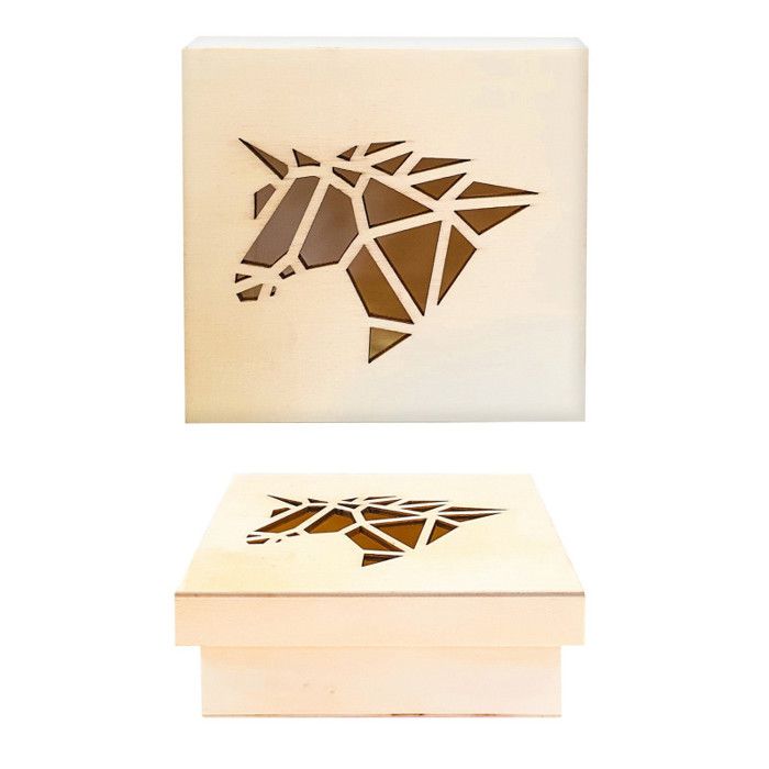 Boîte en bois - Découpe origami - Licorne - 11,3 x 11,3 x 5 cm - Beige - Enfant Fille
