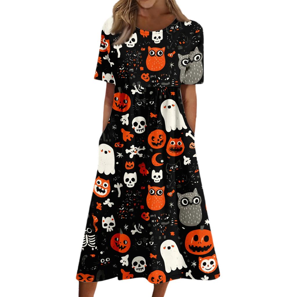 Women's Halloween Printed Casual Dress - Round Neck with Pockets, Relaxed Fit for Women
