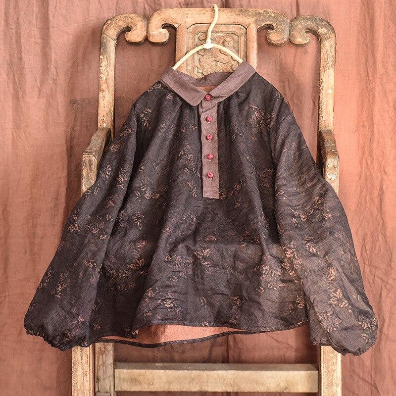 

Johnature женские льняные рубашки на пуговицах с цветочным принтом, осенняя свободная рубашка высокого качества, отложной воротник, блузка с длинными рукавами One Size чёрный