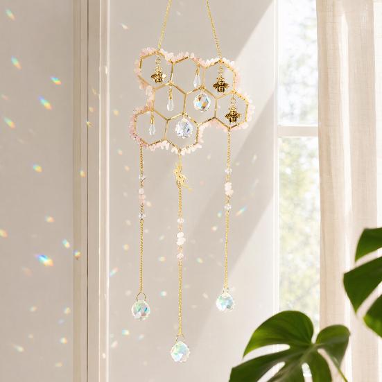 Yousheng Honeycomb Crystals Suncatcher, Window Hanging Pendants, Sun Catcher with Crystal Prisms, Sparkling Wind Chimes, Home Indoor Outdoor Garden