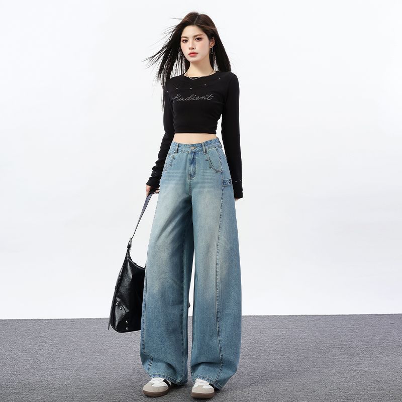 Spring Summer Vintage Multi Rivet High Waist Slim Saber Cut Wide Leg Straight Denim Pants For Women Casual Pants Oversize Denim Trousers