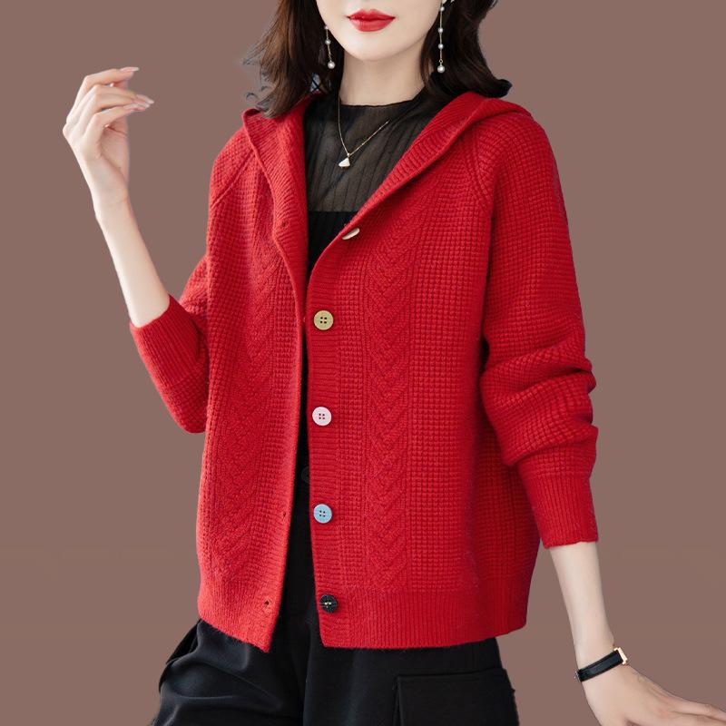 Hooded Korean Versatile Knitted Cardigan Women's Short Casual Autumn Winter Solid Color Mom Outfit Sweater Jacket