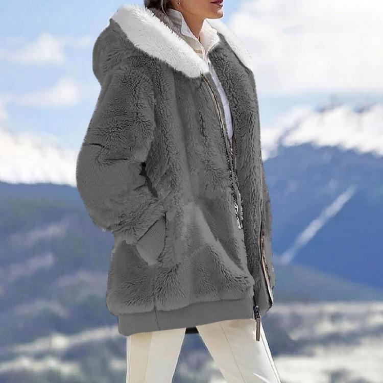 Women's Casual Solid Color Loose Plush Hooded Jacket With Pockets Zippered