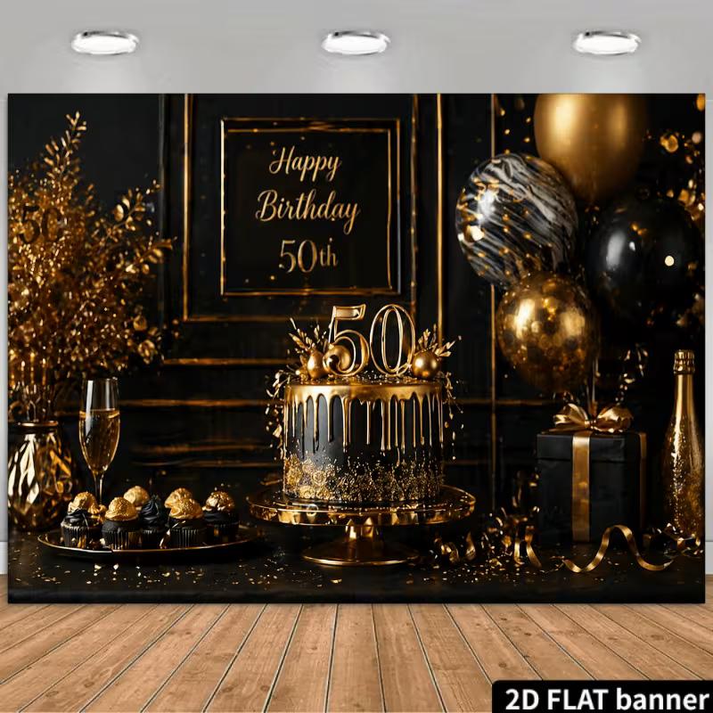 

2D Black Gold Glitter 50th Birthday Background Banner for Adult Anniversary Party Decor 47.2x31.5inch/120*80cm