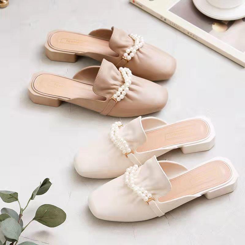 Fashion Women Slippers 2024 New Summer Fashion Slip on Flat Soled Cute Casual Outdoor Pearl Toe Square Toe Women Shoes