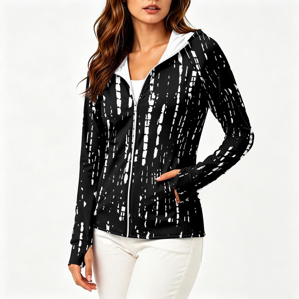 Women Lightweight Zip Up Hooded Jacket with Pockets Long Sleeve Sun Protection Printed Outerwear