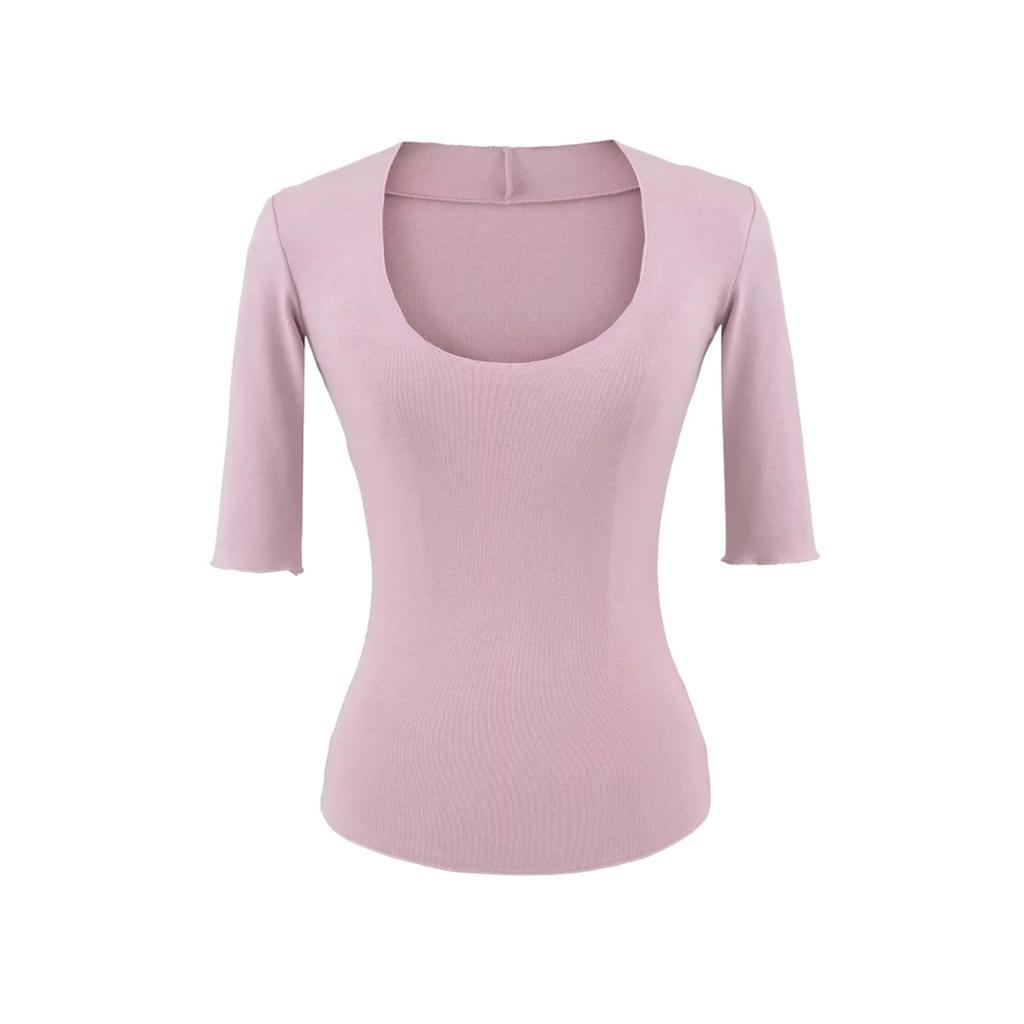 Women's Scoop Neck 3/4 Sleeve Slim Fit T Shirt Solid Color Basic Crop Top Casual Tee