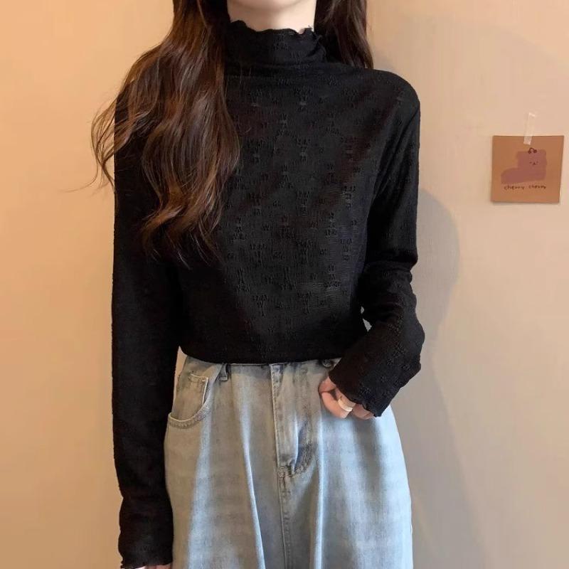 Half turtleneck, slim long-sleeved bottoming shirt, T-shirt for women, autumn and winter lace fungus edge, velvet and thickened layered inner top