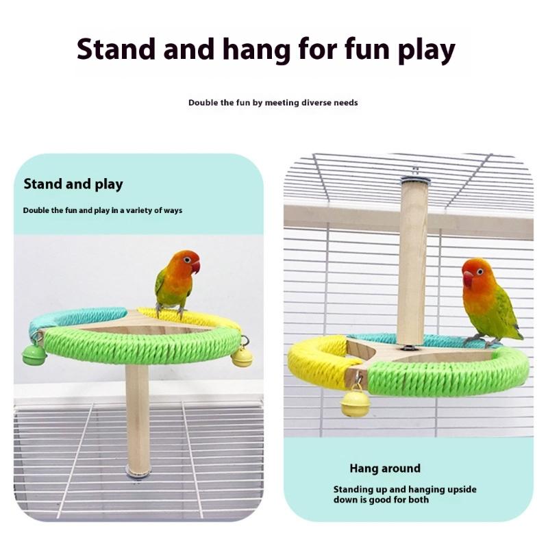Wood Rotating Bird Perch Stand Toy For Parrots Budgies Cockatiels with Nonslip Exercise Wheel And Colorful Bells Decors