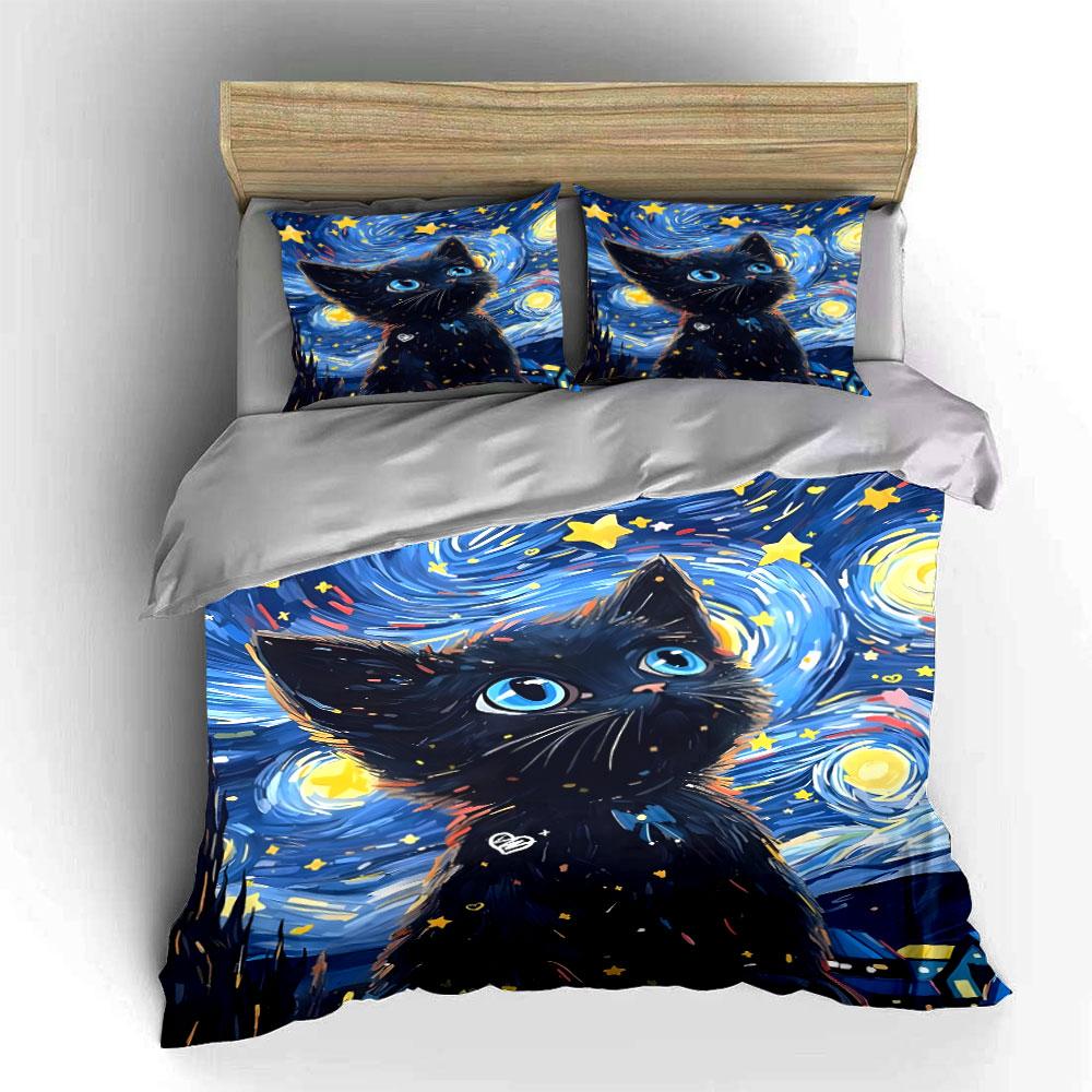 Starry Night Black Cat Print Bedding Duvet Cover Set (1*Duvet Cover 2*Pillowcases, without duvet insert)