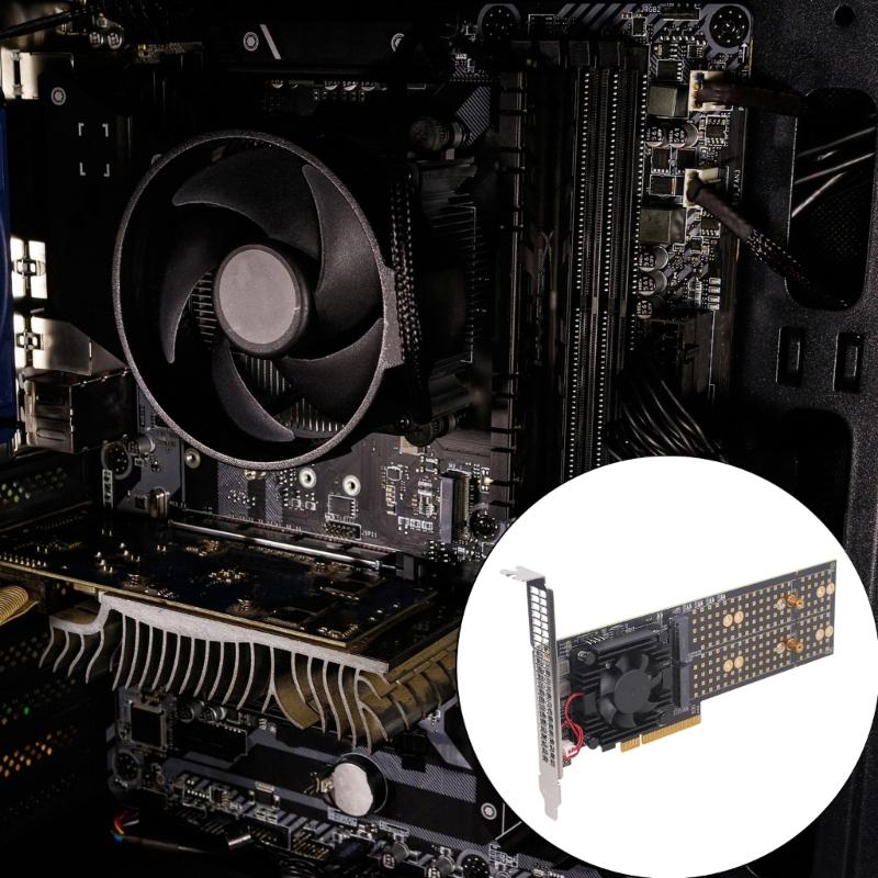 PCIe3.0 NVMe Expansion Card For Four SSDs Setups No BIOS Configuration Required Active Fan Cooling Universal Mounting